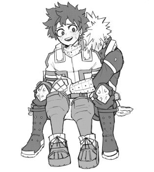 2boys arm_support bakugou_katsuki boku_no_hero_academia boots freckles gloves hashtag-only_commentary highres hug hug_from_behind knee_pads long_sleeves looking_to_the_side male_focus midoriya_izuku multiple_boys nervous_sweating open_mouth short_hair sideways_glance simple_background sitting snowflooks spiked_hair sweat teeth upper_teeth_only white_background yaoi 
