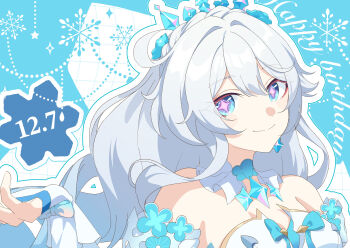  1girl absurdres ahoge bare_shoulders blue_eyes bow chikahira commentary detached_collar detached_sleeves earrings english_commentary english_text flower highres honkai_(series) honkai_impact_3rd jewelry kiana_kaslana kiana_kaslana_(ba-dum!_fiery_wishing_star) kiana_kaslana_(wintery_wishes) long_hair official_alternate_costume single_earring smile snowflakes solo sparkling_eyes symbol-shaped_pupils tiara very_long_hair white_hair 