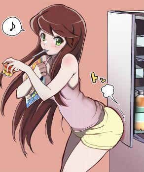  1girl amezaki_chihaya book brown_hair camisole commentary_request eighth_note food green_eyes highres holding holding_book jikkyou_powerful_pro_yakyuu kokora_(kokorahen) long_hair musical_note pink_background pink_camisole power_pro_kun_pocket power_pro_kun_pocket_13 pudding refrigerator short_shorts shorts solo sound_effects spoken_musical_note spoon utensil_in_mouth yellow_shorts 