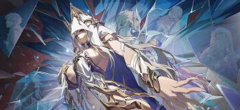  3boys 3girls absurdres blonde_hair blue_eyes breast_curtains breast_suppress breasts broken_glass character_request commentary_request dual_persona empousa_(silver_and_blood) faceless faceless_female faceless_male gilrain_(phantom)_(silver_and_blood) glass hand_on_own_chest heterochromia highres hood hood_up large_breasts long_hair looking_at_another looking_at_viewer looking_back multiple_boys multiple_girls noah_nevernight official_art plunging_neckline r1zen red_eyes sideboob silver_and_blood starry-eyed_aiona_(silver_and_blood) timeless_aiona_(silver_and_blood) 