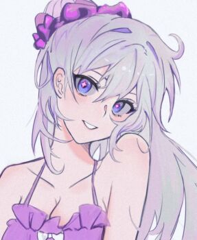  1girl alternate_costume bare_shoulders bikini breasts chinese_commentary cleavage close-up collarbone commentary_request frilled_bikini frills glowing_pupils hair_between_eyes hair_intakes head_tilt high_ponytail honkai_(series) honkai_impact_3rd kiana_kaslana kiana_kaslana_(herrscher_of_finality) leaning_to_the_side multicolored_eyes multicolored_hair multiple_boys parted_lips ponytail purple_bikini simple_background smile solo star-shaped_pupils star_(symbol) swimsuit symbol-shaped_pupils upper_body yipe_(guzi5340) 