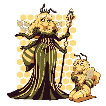  2026 2girls abdomen_tail antennae arthropod_girl artist_name bee bee_girl bee_wings black_dress black_gloves black_sclera blonde_hair breasts bug colored_sclera colored_skin commentary covering_breasts covering_privates crown dress english_commentary extra_arms full_body gloves highres holding holding_staff honeycomb_(pattern) honeycomb_background insect insect_girl insect_wings jewelry large_breasts long_dress long_hair mismatched_eyebrows multiple_girls necklace nude original pixel_art seiza sitting solo staff stinger thighhighs thisislux white_eyes wings yellow_skin 