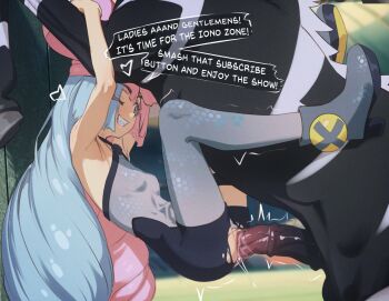 1girl animal_penis bestiality blue_hair bodysuit boots breasts butterchalk commentary english_commentary english_text gen_5_pokemon grey_bodysuit grey_boots grin hetero highres horse horse_penis iono_(pokemon) long_hair multicolored_hair nintendo parted_lips penis pink_hair pokemon pokemon_(creature) pokemon_sv pokephilia sex sharp_teeth small_breasts smile split-color_hair teeth torn_bodysuit torn_clothes uncensored vaginal very_long_hair zebstrika 