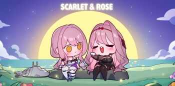  2girls blush bodysuit breasts buck_teeth choko_(cup) cleavage closed_eyes commentary cup double-parted_bangs english_text goddess_of_victory:_nikke grey_hair hair_intakes hair_ribbon hand_up hashtag-only_commentary hat highres holding holding_cup jingasa long_hair looking_at_another moon multiple_girls night open_mouth outdoors ribbon rose_(nikke) scarlet_(nikke) siblings single_bracer single_hair_intake sisters sitting smile teeth untranslatable_commentary unworn_hat unworn_headwear uz_(uzru0428) yellow_eyes 