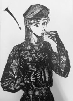  ! 1girl assault_rifle beret black_gloves blush bordfunker133 camouflage camouflage_jacket camouflage_pants digital_camouflage eating gloves greyscale gun hat highres holding holding_gun holding_weapon jacket long_hair long_sleeves looking_at_viewer military monochrome original pants paratrooper photo_(medium) rifle russo-ukrainian_war sasha_shoshnikova shirt smile solo spoken_exclamation_mark striped_clothes striped_shirt telnyashka ukrainian_vdv vdv war_in_donbass weapon 