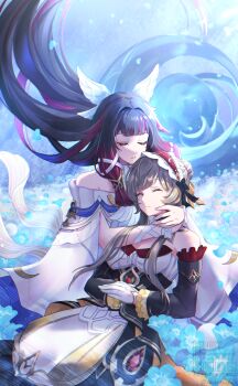  2girls absurdres black_dress black_hair blue_flower blue_petals breasts brown_hair cleavage closed_eyes closed_mouth columbina_(genshin_impact) commentary_request dress falling_petals feathered_wings flower genshin_impact hair_ribbon hands_on_own_stomach head_wings highres long_sidelocks long_sleeves medium_breasts multicolored_hair multiple_girls multiple_wings petals pink_hair ribbon sandrone_(genshin_impact) sidelocks strapless strapless_dress suzuori_fika white_dress white_ribbon white_wings wings wrist_ribbon 