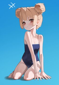  +++ 1girl absurdres aisaka_taiga bare_arms bare_legs bare_shoulders barefoot blonde_hair blue_background blue_one-piece_swimsuit breasts brown_eyes commentary competition_school_swimsuit double_bun full_body gimgodttule hair_bun highres kneeling light_blush looking_at_viewer one-piece_swimsuit school_swimsuit simple_background small_breasts smile solo swimsuit toradora!  rating:Sensitive score:9 user:danbooru
