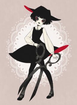  1girl @_@ bags_under_eyes black_dress black_eyes black_footwear black_hair black_hat black_pantyhose blunt_bangs buttons collared_shirt colored_sclera commentary dress eleanor_(ohmyeleanor) english_commentary full_body hat holding holding_scissors open_mouth original pantyhose red_dress red_hat red_sclera scissors sepia_background shirt short_hair solo standing teeth two-tone_dress two-tone_hat upper_teeth_only 