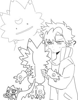  ! 1other 2boys :/ ? crossover digimon digimon_(creature) digimon_beatbreak ditto gekkomon glasses holding holding_glasses holding_pokemon looking_at_another mar22826683 monochrome multiple_boys multiple_views nintendo open_mouth pokemon pokemon_(creature) pokemon_pokopia production_art simple_background smile spiked_hair tenma_tomoro transformed_ditto upper_body 