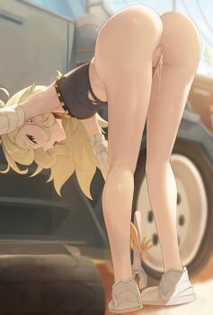  1girl absurdres ass bare_shoulders bent_over black_tube_top blonde_hair blurry blurry_background bottomless crop_top cum cum_in_pussy cumdrip detached_sleeves from_behind gloves green_eyes gueya highres holding holding_wrench loli long_hair looking_at_viewer motor_vehicle open_mouth paid_reward_available piper_wheel pussy shoes solo strapless thick_eyebrows tongue tongue_out truck tube_top uncensored variant_set white_shoes wrench zenless_zone_zero  rating:Explicit score:227 user:CunnyInc
