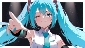  1girl absurdres aqua_eyes aqua_hair aqua_nails aqua_necktie aqua_trim black_sleeves blurry blurry_foreground blush chromatic_aberration closed_mouth collared_shirt commentary_request detached_sleeves fingernails foreshortening hair_between_eyes hair_ornament hatsune_miku headset highres long_hair long_sleeves looking_at_viewer nail_polish necktie number_tattoo one_eye_closed pointing pointing_at_viewer shirt sleeveless sleeveless_shirt smile solo tattoo toketa-sekai twintails very_long_hair vocaloid white_shirt wide_sleeves 