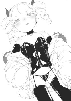  1girl black_collar black_gloves black_thighhighs blush breast_zipper breasts bridal_gauntlets coat collar commentary_request crotch_zipper drill_hair earrings elbow_gloves flat_chest fur-trimmed_coat fur-trimmed_hood fur_trim gloves greyscale highres hood hooded_coat jewelry latex latex_gloves latex_legwear latex_leotard latex_panties latex_thighhighs leotard loli long_sleeves looking_at_viewer medium_hair mole mole_under_eye monochrome nail_polish off_shoulder open_mouth original panties shiny_clothes shoulder_blush simple_background single_earring solo sweat swimsuit thighhighs twin_drills twintails underwear unzipped white_background zettai_yarumoni zipper 