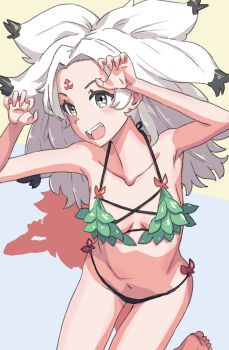  1girl bikini blush breasts claw_pose collarbone commentary_request facial_mark fangs forehead_mark grey_eyes highres houjuu_chimi jack_(wkm74959) leaf_bikini navel one-hour_drawing_challenge open_mouth parted_bangs pointy_hair small_breasts solo swimsuit teeth thighs touhou upper_teeth_only white_hair 
