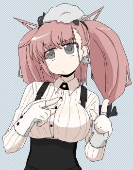  1girl anchor_hair_ornament animal animal_on_head atlanta_(kancolle) breasts brown_hair checkered_background dress_shirt earrings facing_viewer gloves grey_eyes hair_ornament high-waist_skirt highres index_fingers_raised jewelry kantai_collection large_breasts long_hair long_sleeves looking_up on_head partially_fingerless_gloves sheep sheep_on_head shiki_kyouzoku shirt sideways_glance simple_background single_earring skirt star_(symbol) star_earrings suspenders two_side_up white_shirt 