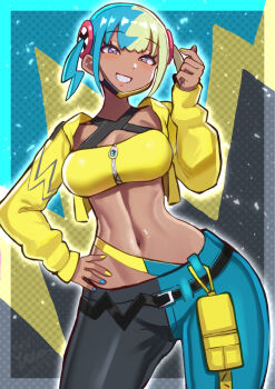  1girl absurdres aqua_hair black_mask blonde_hair breasts canari_(pokemon) center-flap_bangs commentary criss-cross_halter finger_heart grin halterneck highres jacket long_sleeves mask mask_pull medium_breasts mega_stone mouth_mask multicolored_hair navel nintendo pokemon pokemon_legends:_z-a short_twintails smile solo split-color_hair sports_bra stomach twintails two-tone_mask yasu_suupatenin yellow_jacket yellow_mask yellow_sports_bra 
