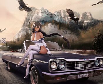  1girl absurdres alternate_costume azur_lane bald_eagle bird braid braided_ponytail breasts car character_name checkered_flag chevrolet chevrolet_impala cleavage convertible copyright_name crossed_legs dark-skinned_female dark_skin eagle eagle_union_(emblem) elbow_gloves flag full_body gloves highleg highleg_leotard highres kcar66t large_breasts leotard license_plate long_hair looking_at_viewer motor_vehicle mount_rushmore muscle_car on_car product_placement race_queen real_world_location road sitting south_dakota_(azur_lane) thighhighs third-party_source white_leotard white_thighhighs  rating:Sensitive score:41 user:danbooru
