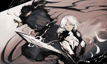  1boy 1girl absurdres armor black_gloves black_hair black_robe crown falling_feathers feathers feet_out_of_frame fighting_stance gloves high_ponytail highres holding holding_sword holding_weapon knight logicsterrr long_hair looking_at_viewer nephis_(shadow_slave) ponytail robe shadow_slave shoulder_armor smoke sunny_(shadow_slave) sword weapon white_hair 