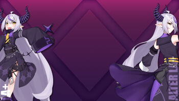 2girls ahoge chrono_gear:_warden_of_time dasdokter demon_girl demon_horns galaxytrail grey_hair highres hololive horns la+_darknesss long_hair long_sleeves multicolored_hair multiple_girls multiple_persona pointy_ears purple_hair streaked_hair striped_horns tail virtual_youtuber yellow_eyes