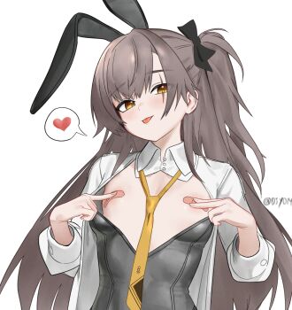  1girl :p animal_ears artist_name bandaid bandaids_on_nipples black_leotard black_ribbon brown_hair d5y0m detached_collar fake_animal_ears girls&#039;_frontline girls&#039;_frontline_2:_exilium hair_ribbon heart highres leotard leva_(girls&#039;_frontline_2) long_hair necktie one_side_up open_clothes open_shirt pasties playboy_bunny rabbit_ears ribbon scar scar_across_eye scar_on_face shirt simple_background solo speech_bubble spoken_heart tongue tongue_out ump45_(girls&#039;_frontline) upper_body white_background white_shirt yellow_eyes yellow_necktie 