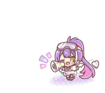  1girl ;d blush_stickers boots braid braided_bangs chibi colored_shadow commentary_request demon_tail fang goggles goggles_on_head green_boots green_eyes highres holding holding_megaphone hololive jacket knee_pads long_sleeves looking_at_viewer megaphone mitarashi_neko multicolored_hair notice_lines one_eye_closed open_mouth pink_hair ponytail puffy_long_sleeves puffy_sleeves purple_boots purple_hair shadow simple_background smile solo streaked_hair tail tokoyami_towa tokoyami_towa_(cyberpunk) virtual_youtuber white_background white_hair white_jacket 