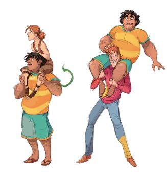  1girl 2boys alf_(greekceltic) aqua_shorts black_hair blue_pants brown_pants brown_sandals brown_tank_top carrying dark_skin full_body greekceltic grin herman_(greekceltic) jacky_(greekceltic) medium_hair multiple_boys orange_hair orange_shirt original pants ponytail red_sweater sandals shirt short_hair shorts shoulder_carry simple_background smile sweater tail tank_top yellow_shirt 