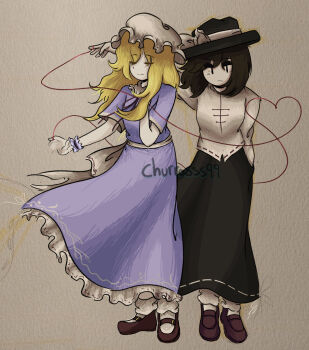  2girls absurdres artist_name back_bow black_hat black_skirt blonde_hair bow brown_hair churros99 closed_mouth collared_dress commentary contrast_collar dress frilled_dress frilled_shirt_collar frilled_wrist_cuffs frills grey_background half-closed_eyes hand_in_pocket hand_on_own_chest hat hat_bow highres long_dress long_hair long_skirt long_sleeves maribel_hearn mob_cap multiple_girls purple_dress red_shoes ribbon-trimmed_skirt ribbon-trimmed_sleeves ribbon_trim sash shirt shoes short_sleeves skirt skirt_pocket smile socks standing touhou traditional_media untranslatable_commentary usami_renko white_bow white_hat white_sash white_shirt white_socks wrist_cuffs yellow_eyes 