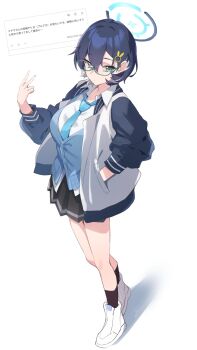  1girl black_hair black_skirt black_socks blue_archive blue_cardigan blue_necktie cardigan chihiro_(blue_archive) collared_shirt commentary_request glasses green_eyes hair_between_eyes hair_ornament halo hand_in_pocket highres jacket letterman_jacket miniskirt miyama_(yakinikusushi_the_royal) multicolored_hair necktie semi-rimless_eyewear shirt shoes short_hair skirt socks solo streaked_hair translation_request white_hair white_shirt white_shoes 