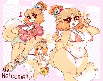  :3 ^^^ animal_crossing animal_ears animal_nose bell bikini body_fur bracelet breasts bright_pupils buck_teeth chibi chibi_inset commentary cowboy_shot curvy dog_ears dog_girl dog_tail english_commentary english_text fingernails floral_print floral_print_bikini floral_print_shirt full_body furry furry_female grey_skirt hair_bell hair_ornament hands_up heart highres hip_dips index_finger_raised isabelle_(animal_crossing) jewelry large_breasts leaf_print looking_at_viewer miaval_tec money_bag navel nintendo no_sclera open_mouth pawpads pink_background plump print_bikini sandals sharp_fingernails sharp_toenails sitting skirt solo stomach swimsuit tail teeth thick_thighs thighs toenails topknot two-tone_fur white_pupils white_sandals wide_hips yellow_fur 