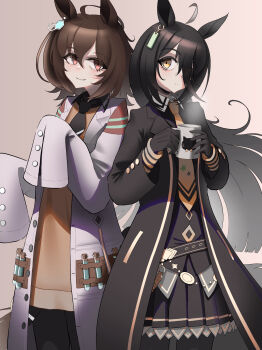  2girls absurdres agnes_tachyon_(tach-nology)_(umamusume) agnes_tachyon_(umamusume) ahoge animal_ears black_coat black_gloves black_hair black_necktie black_pantyhose black_shirt black_skirt blush brown_hair chemical_structure closed_mouth coat collared_shirt commentary cork cup ear_tag earrings gloves hair_between_eyes hair_over_one_eye highres holding holding_cup horse_ears horse_girl jewelry lab_coat long_bangs long_hair long_hair_between_eyes long_sleeves manhattan_cafe_(creeping_shadow)_(umamusume) manhattan_cafe_(umamusume) multicolored_hair multiple_girls necktie nsb36046_(na) pantyhose red_eyes shirt short_necktie simple_background single_earring skirt sleeves_past_fingers sleeves_past_wrists smile sweater sweater_vest test_tube umamusume white_coat white_hair wolf_cut yellow_eyes yellow_necktie yellow_sweater yellow_sweater_vest 