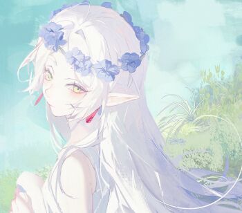  1girl bare_shoulders blue_flower closed_mouth dress earrings elf flower frieren grass green_eyes hashtag-only_commentary head_wreath highres jewelry long_hair looking_at_viewer looking_back outdoors parted_bangs pointy_ears sleeveless sleeveless_dress solo sousou_no_frieren tokkieee_qian very_long_hair white_dress white_hair  rating:General score:4 user:danbooru