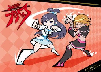  2girls argyle_background arm_warmers black_bow black_hair blue_eyes boots bow clenched_hand commentary_request crop_top cure_black cure_white earrings fighting_stance futari_wa_precure heart heart_earrings jewelry knee_boots matsu_(a-type_corp) miniskirt misumi_nagisa multiple_girls orange_eyes orange_hair precure short_hair signature skirt smile white_boots yukishiro_honoka 