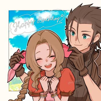  1boy 1girl aerith_gainsborough armor bangle birthday black_gloves black_hair black_sweater blue_eyes blue_sky blush border bracelet braid braided_ponytail brown_hair closed_mouth cloud cloudy_sky commentary_request crisis_core:_final_fantasy_vii cross_scar dress earrings facial_scar final_fantasy final_fantasy_vii final_fantasy_vii_remake gloves hair_ribbon happy_birthday highres jacket jewelry looking_at_another noi_(noi28224) open_clothes open_jacket open_mouth outside_border parted_bangs pink_dress pink_ribbon ponytail red_jacket ribbon scar scar_on_cheek scar_on_face shoulder_armor sky sleeveless sleeveless_turtleneck smile spiked_hair stud_earrings sweater turtleneck turtleneck_sweater upper_body white_border zack_fair 
