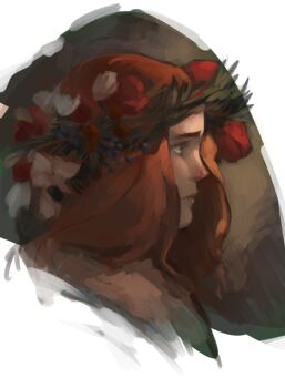  1boy bishounen brown_background brown_shirt flower flower_wreath frown grey_eyes head_wreath leaf long_hair male_focus phobso portrait profile purple_flower radagast red_hair shirt sketch solo the_silmarillion tolkien's_legendarium tolkien's_legendarium white_flower 