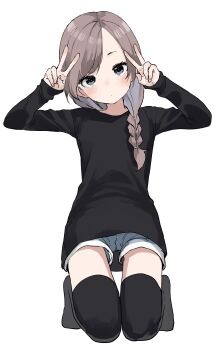  1girl absurdres black_shirt black_thighhighs blue_shorts blush braid brown_hair closed_mouth commentary_request copyright_request double_v full_body grey_eyes highres long_hair long_sleeves looking_at_viewer parted_bangs shirt shorts simple_background single_braid sitting sketch solo thighhighs thighs v wariza white_background yamamoto_souichirou  rating:General score:33 user:danbooru