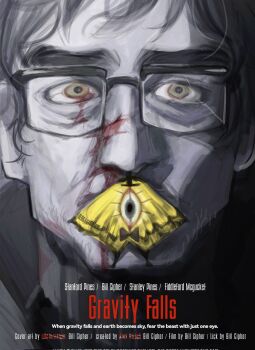 1boy bags_under_eyes beard_stubble bill_cipher blood bloody_tears broken_glass character_name character_print commentary corrupted_twitter_file covered_mouth english_commentary english_text eye_print facial_hair ford_pines glass gravity_falls highres looking_at_viewer male_focus movie_poster_(medium) mullet n0cturnalcm portrait spot_color stubble the_silence_of_the_lambs wide-eyed yellow_eyes