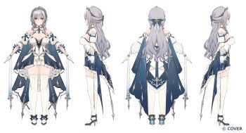  1girl armor armored_dress blue_bow blue_dress bow breasts cleavage_cutout clothing_cutout commentary_request copyright_name cross-laced_clothes cross-laced_dress detached_sleeves double-parted_bangs dress footwear_bow frilled_dress frills full_body gloves green_eyes grey_hair hair_between_eyes hair_bow half_updo halter_dress halterneck high-low_dress highres hololive large_breasts long_hair multiple_views official_alternate_costume official_alternate_hairstyle official_art shirogane_noel shirogane_noel_(princess_knight) short_dress sidelocks simple_background sleeve_slit strappy_heels thighhighs three-quarter_sleeves tiara turnaround virtual_youtuber watao wavy_hair white_background white_dress white_gloves white_thighhighs 