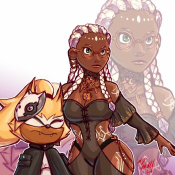  1girl bodypaint braid breasts curvy dark-skinned_female dark_skin dolores_(kof) dress glasses green_eyes huge_breasts large_breasts multicolored_hair panties purple_hair round_eyewear taurence_bell the_king_of_fighters thick_thighs thighs two-tone_hair underwear white_hair wide_hips  rating:Explicit score:1 user:R212299KOF