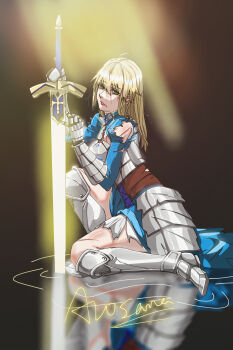  1girl absurdres accelerator1111 alternate_hairstyle armor armored_boots armored_dress artoria_pendragon_(fate) black_background blonde_hair blood blood_from_mouth blood_on_shoulder blue_dress boots breastplate commentary_request cracked_armor dress english_text excalibur_(fate/stay_night) fate/stay_night fate_(series) glowing glowing_sword glowing_weapon green_eyes hair_between_eyes highres injury juliet_sleeves kneeling long_hair long_sleeves looking_at_viewer planted planted_sword planted_weapon puffy_sleeves reflection saber_(fate) solo sword torn_clothes weapon 