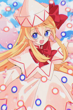  1girl :d blonde_hair blush bow bowtie capelet commentary_request cowboy_shot danmaku dress hair_between_eyes hair_bow hat highres katsuragi_atori lily_white long_hair looking_at_viewer open_mouth outstretched_arms red_bow red_bowtie sidelocks smile solo spread_arms touhou twitter_username very_long_hair white_capelet white_dress white_hat 