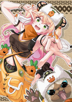  1girl absurdres arm_garter blonde_hair breasts brown_shirt claws cleavage commentary_request cosplay cropped_shirt crossed_bangs crossover double_bun fang foreshortening gradient_hair green_eyes hair_bun hair_ornament hand_up hat highres hololive hope_(palico_armor) long_hair looking_at_viewer medium_breasts momosuzu_nene monster_hunter_(series) monster_hunter_wilds multicolored_hair nail_polish nekko_(momosuzu_nene) open_mouth orange_nails orange_pants outline pants pink_hair player_palico player_palico_(cosplay) shirt sleeveless sleeveless_shirt smile tcdtcd461651 two_side_up ushanka v v_over_eye virtual_youtuber whiskers white_outline 