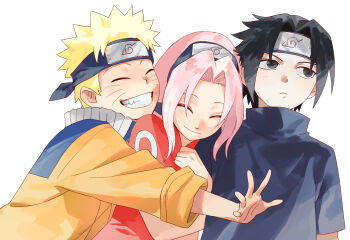  1girl 2boys black_eyes black_hair black_shirt blonde_hair blue_hairband blue_headband child closed_eyes closed_mouth commentary_request dress facial_mark grin hairband haruno_sakura headband highres jacket konohagakure_symbol korean_commentary light_blush medium_hair multiple_boys nagsu_(narksuhaza) naruto_(classic) naruto_(series) orange_jacket outstretched_arm parted_bangs pink_hair red_dress shirt short_hair smile spiked_hair teeth uchiha_sasuke upper_body uzumaki_naruto whisker_markings white_background 