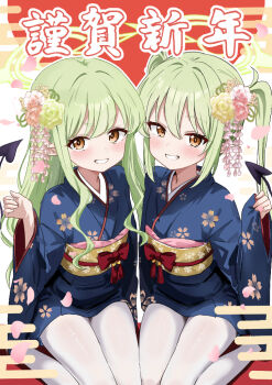  2girls black_tail blue_archive blue_kimono blush bow commentary_request demon_tail floral_print floral_print_kimono flower green_hair grin hair_flower hair_ornament hand_up happy_new_year hikari_(blue_archive) japanese_clothes kakeian_(aiyoriaosi_00) kimono long_hair long_sleeves multiple_girls new_year nozomi_(blue_archive) pantyhose pointy_ears print_kimono red_bow sash short_kimono short_yukata siblings sisters sitting smile tail tareme teeth tsurime twins twintails wariza white_pantyhose wide_sleeves yellow_eyes yellow_sash yukata 