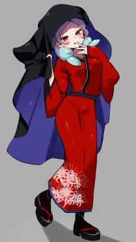  1girl :p aqua_hair beta_(inazuma_eleven) black_sandals black_socks black_veil blush border full_body grey_background hand_to_own_mouth highres holding_veil inazuma_eleven_(series) inazuma_eleven_go inazuma_eleven_go_chrono_stone japanese_clothes kimono long_hair low-tied_long_hair mirina1219 okobo platform_sandals purple_eyes red_kimono sandals smile socks solo tabi tongue tongue_out veil 