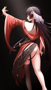  1girl absurdres amaterasu_(himegami_emaki) ass back backboob black_background black_hair bracelet breasts brown_thighhighs closed_mouth commentary_request contrapposto cowboy_shot defaultkavy floating_hair from_behind highres himegami_emaki japanese_clothes jewelry katana kimono lips long_hair long_sleeves looking_at_viewer looking_back outstretched_arm red_eyes red_kimono single_thighhigh solo standing sword thighhighs upper_body veil very_long_hair weapon wide_sleeves 