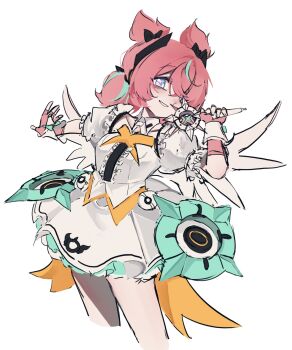  1girl akaitegukun00 aria_(zenless_zone_zero) blue_eyes breasts center_frills cropped_legs dress fingerless_gloves frills gloves hashtag-only_commentary highres looking_at_viewer multicolored_hair pink_gloves pink_hair puffy_short_sleeves puffy_sleeves short_sleeves simple_background smile solo sparkling_eyes streaked_hair white_background white_dress wings zenless_zone_zero 