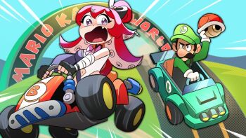  1boy 1girl bandaged_arm bandages berrycrepe black_bow black_gloves blush bow bright_pupils brown_hair cheriiart clothing_cutout commentary copyright_name driving english_commentary eyelashes facial_hair fang fingerless_gloves gloves go-kart green_hat green_shirt grey_overalls hair_bow hair_ornament hat holding holding_shell indie_virtual_youtuber long_hair long_sleeves luigi mario_(series) mario_kart mario_kart_world motor_vehicle mustache navel_cutout nintendo official_art open_mouth outdoors overalls pink_bow purple_eyes racetrack racing red_hair red_shell_(mario) shell shirt short_hair sign single_sleeve tentacle_hair turtle_shell video_thumbnail virtual_youtuber white_gloves white_pupils youtube_video_thumbnail 