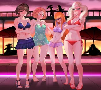  4girls absurdres ahoge barefoot bikini blonde_hair blue_eyes blush blysill breasts cleavage crossed_arms female_focus female_masturbation flip-flops full_body glasses gluteal_fold hand_in_panties highres long_hair looking_at_viewer masturbation medium_breasts multiple_girls nail_polish navel niijima_makoto okumura_haru orange_hair panties persona persona_5 red_eyes sakura_futaba sandals short_hair sweat swimsuit takamaki_anne toenail_polish toenails twintails underwear 