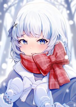  1girl bare_tree blue_coat blue_eyes blue_ribbon blush bow bowtie coat gawr_gura gawr_gura_(winter_casual) gloves hair_ornament hair_ribbon hairclip hololive hololive_english long_hair looking_at_viewer mittens noroi_(noroi_03) open_mouth outdoors plaid_clothes plaid_scarf pom_pom_(clothes) red_scarf ribbon scarf scarf_bow snow snowing solo teeth tree twitter_username upper_body upper_teeth_only virtual_youtuber white_bow white_bowtie white_gloves white_hair white_mittens white_ribbon winter_clothes  rating:General score:2 user:danbooru