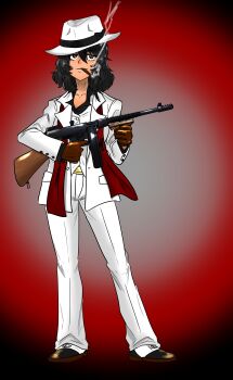  1girl absurdres andou_(girls_und_panzer) black_eyes black_gloves black_hair black_shirt blazer cigar closed_mouth commentary cosplay dark-skinned_female dark_skin dress_shirt fedora girls_und_panzer gloves gun hat highres holding holding_gun holding_weapon jacket long_sleeves looking_at_viewer mafia medium_hair messy_hair moesenyukikaze open_clothes open_jacket pants red_scarf reverse_trap scarf scarface shirt shoes smirk smoke smoking solo standing submachine_gun thompson_submachine_gun tony_montana tony_montana_(cosplay) vest weapon white_hat white_jacket white_pants white_shoes white_vest 