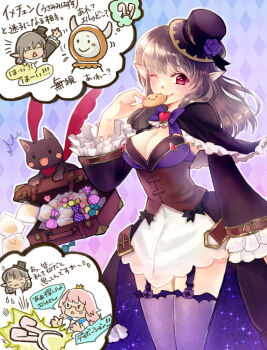  1girl black_capelet black_cat black_hat blush breasts briefcase brown_corset candy capelet cat cleavage closed_mouth commentary_request cookie corset cowboy_shot eating flower food frilled_capelet frills garter_straps gobaku_no_hito hat hat_flower large_breasts long_hair looking_at_viewer one_eye_closed pointy_ears poring print_skirt purple_background purple_flower purple_rose purple_thighhighs ragnarok_masters ragnarok_online red_eyes rose showgirl_skirt skirt smile solo starry_sky_print thighhighs top_hat translation_request white_skirt wrapped_candy 